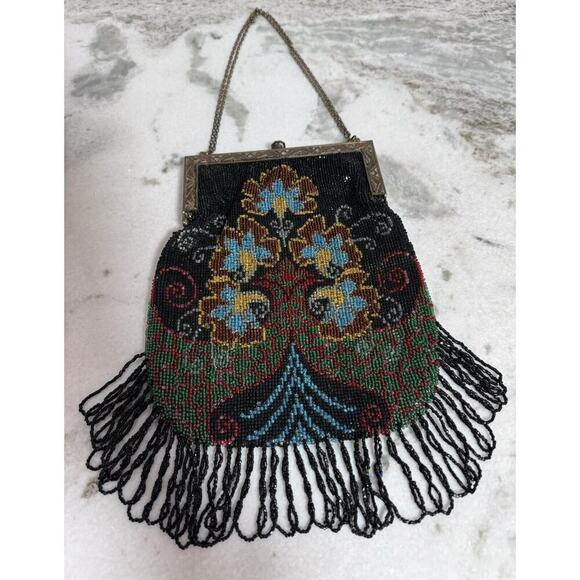 1910s Steel Cut Bead Purse Antique Chatelaine Black Beaded  Stunning Antique Victorian Late 1800s Art Nouveau Beaded Fringe Purse